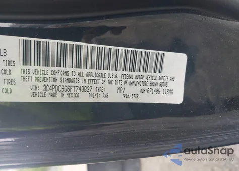 2015 Dodge Journey Sxt из США, поврежденный, VIN 3C4PDCBG6FT743837